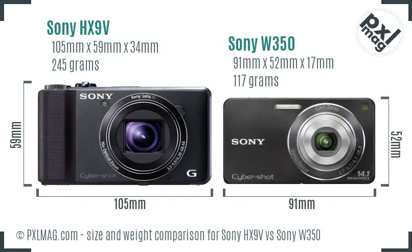 Sony HX9V vs Sony W350 size comparison