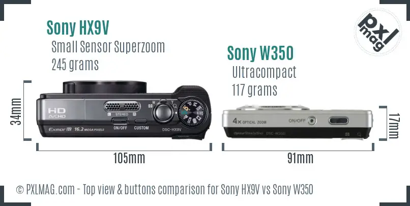 Sony HX9V vs Sony W350 top view buttons comparison