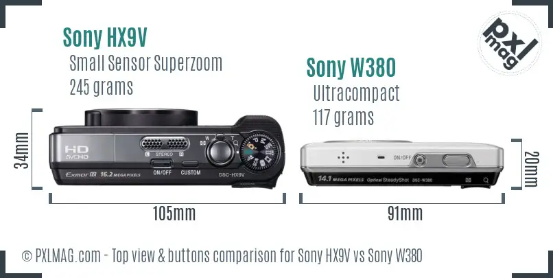 Sony HX9V vs Sony W380 top view buttons comparison
