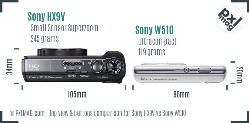 Sony HX9V vs Sony W510 top view buttons comparison