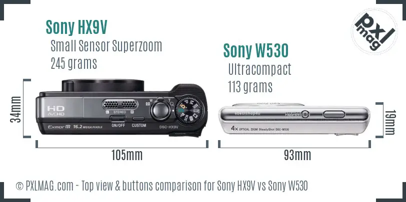 Sony HX9V vs Sony W530 top view buttons comparison