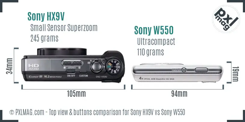 Sony HX9V vs Sony W550 top view buttons comparison