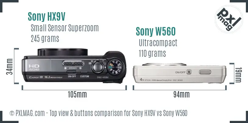 Sony HX9V vs Sony W560 top view buttons comparison