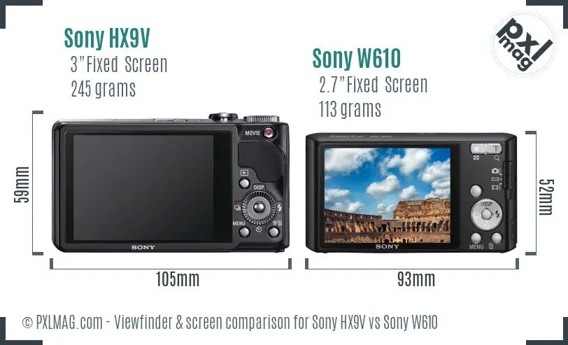 Sony HX9V vs Sony W610 Screen and Viewfinder comparison