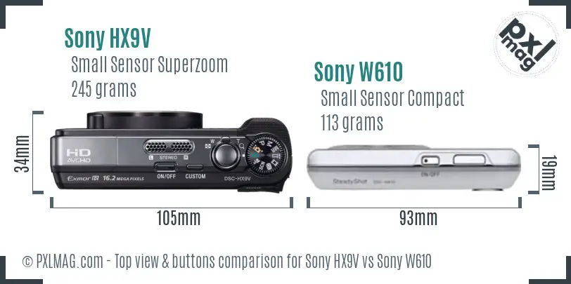 Sony HX9V vs Sony W610 top view buttons comparison