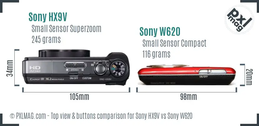 Sony HX9V vs Sony W620 top view buttons comparison
