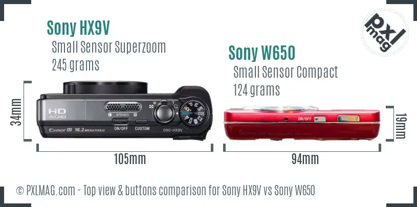 Sony HX9V vs Sony W650 top view buttons comparison