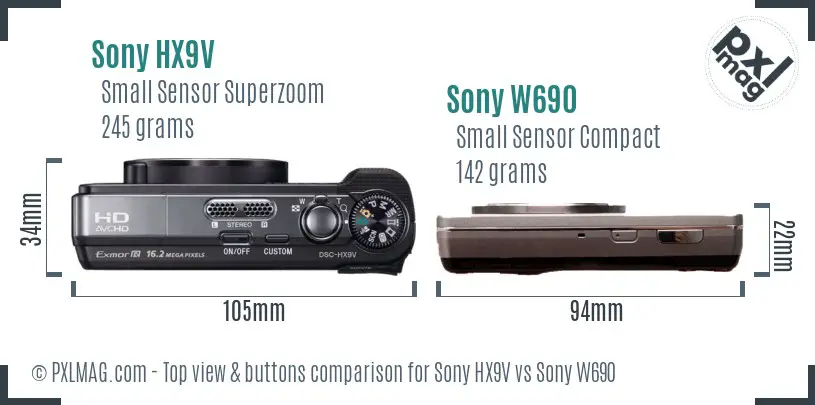 Sony HX9V vs Sony W690 top view buttons comparison