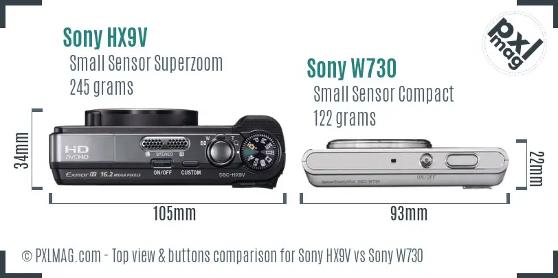 Sony HX9V vs Sony W730 top view buttons comparison