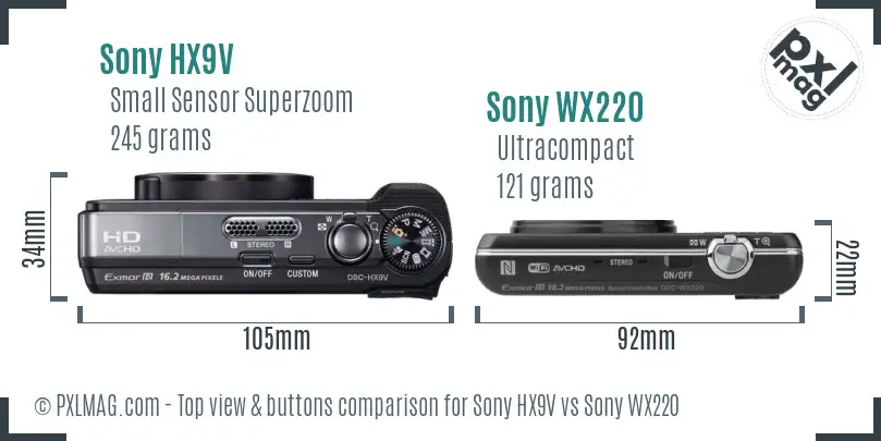 Sony HX9V vs Sony WX220 top view buttons comparison