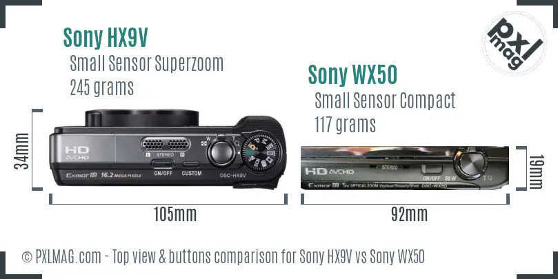 Sony HX9V vs Sony WX50 top view buttons comparison