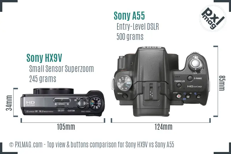 Sony HX9V vs Sony A55 top view buttons comparison