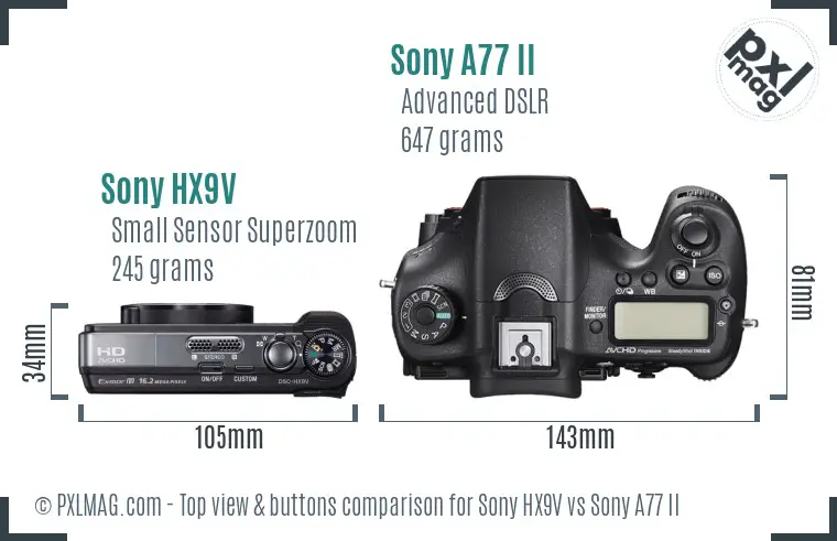 Sony HX9V vs Sony A77 II top view buttons comparison