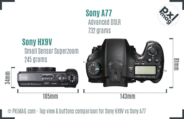 Sony HX9V vs Sony A77 top view buttons comparison