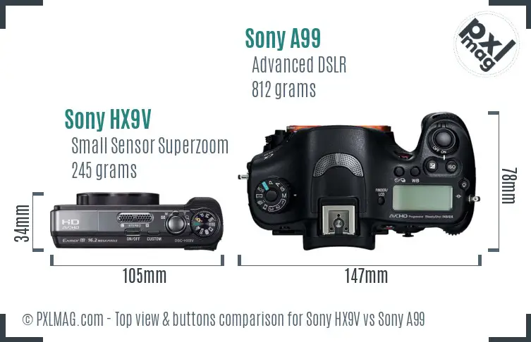 Sony HX9V vs Sony A99 top view buttons comparison