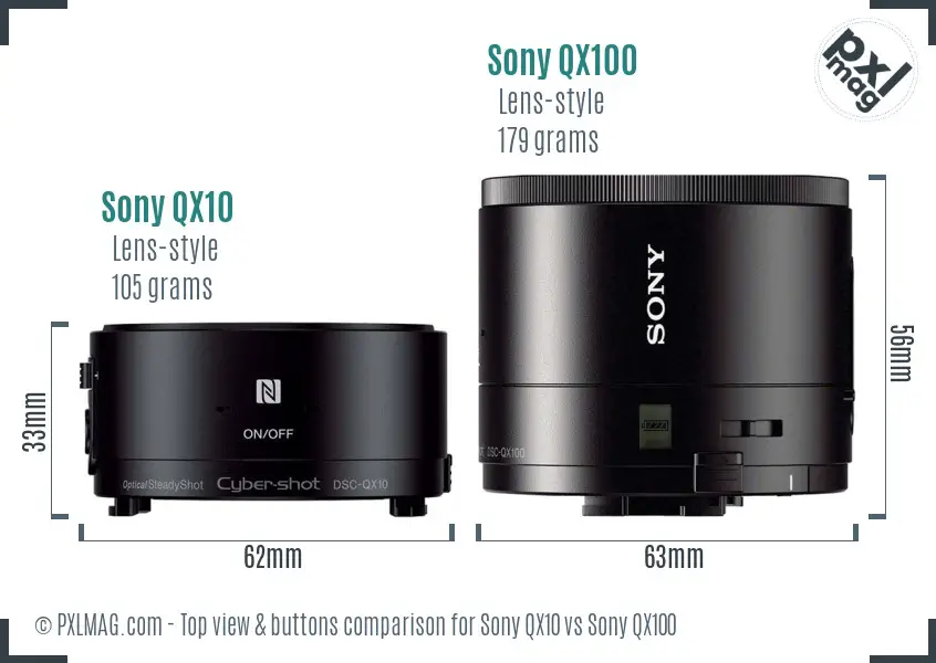 Sony QX10 vs Sony QX100 top view buttons comparison