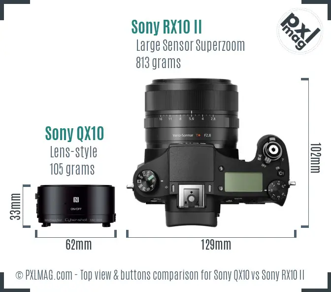 Sony QX10 vs Sony RX10 II top view buttons comparison