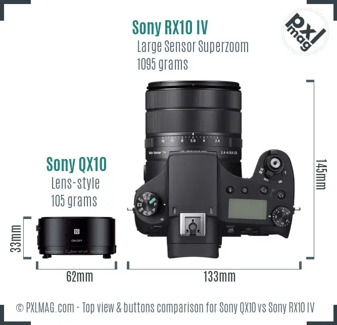 Sony QX10 vs Sony RX10 IV top view buttons comparison