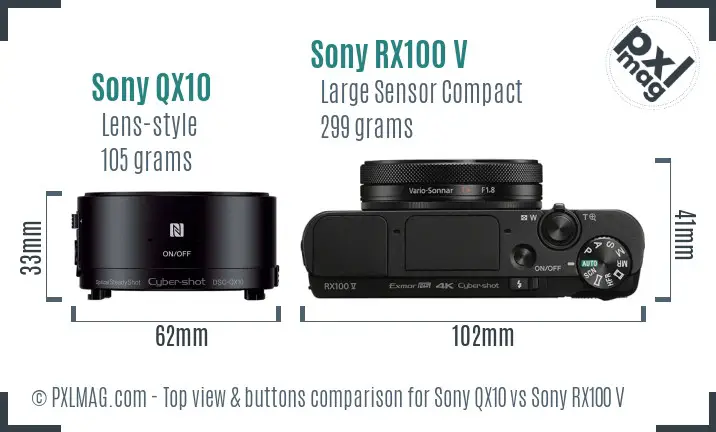 Sony QX10 vs Sony RX100 V top view buttons comparison