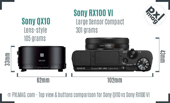 Sony QX10 vs Sony RX100 VI top view buttons comparison