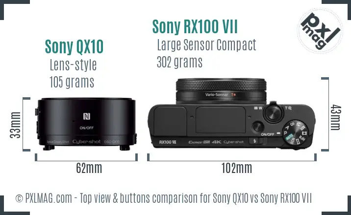 Sony QX10 vs Sony RX100 VII top view buttons comparison