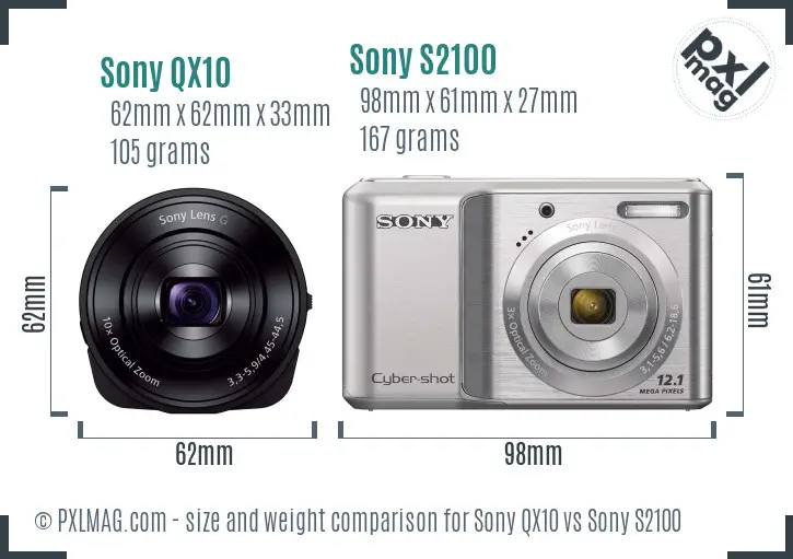 Sony QX10 vs Sony S2100 size comparison