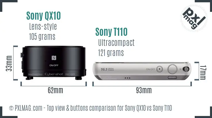Sony QX10 vs Sony T110 top view buttons comparison
