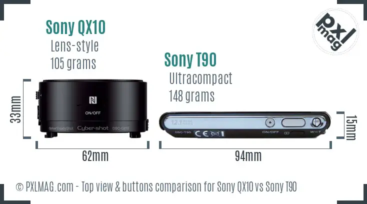 Sony QX10 vs Sony T90 top view buttons comparison