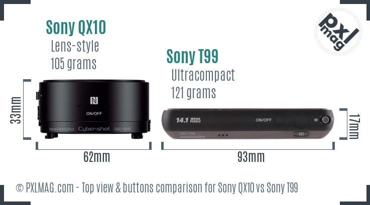 Sony QX10 vs Sony T99 top view buttons comparison