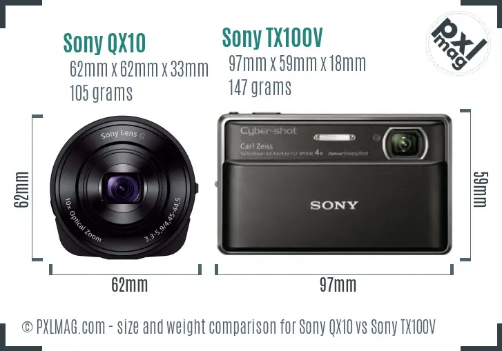 Sony QX10 vs Sony TX100V size comparison