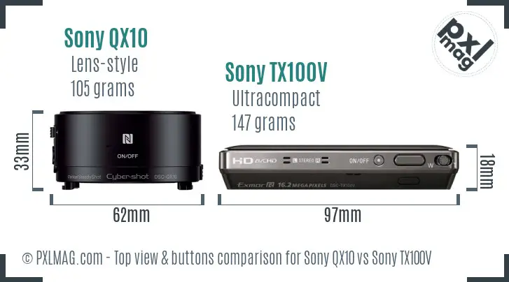 Sony QX10 vs Sony TX100V top view buttons comparison