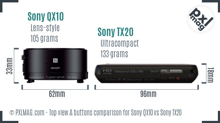 Sony QX10 vs Sony TX20 top view buttons comparison