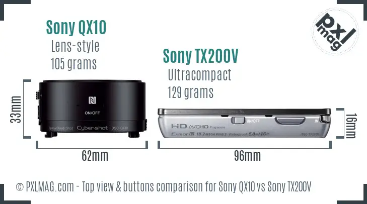 Sony QX10 vs Sony TX200V top view buttons comparison