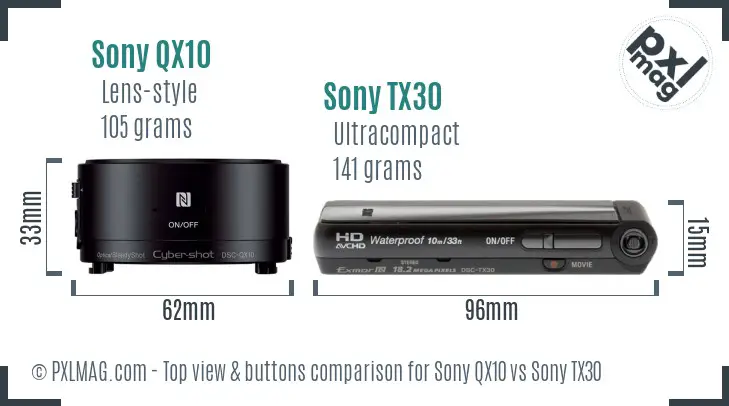 Sony QX10 vs Sony TX30 top view buttons comparison
