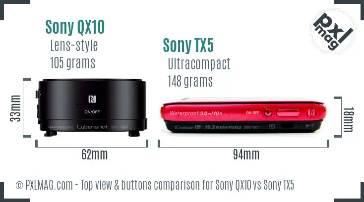 Sony QX10 vs Sony TX5 top view buttons comparison