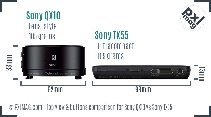 Sony QX10 vs Sony TX55 top view buttons comparison