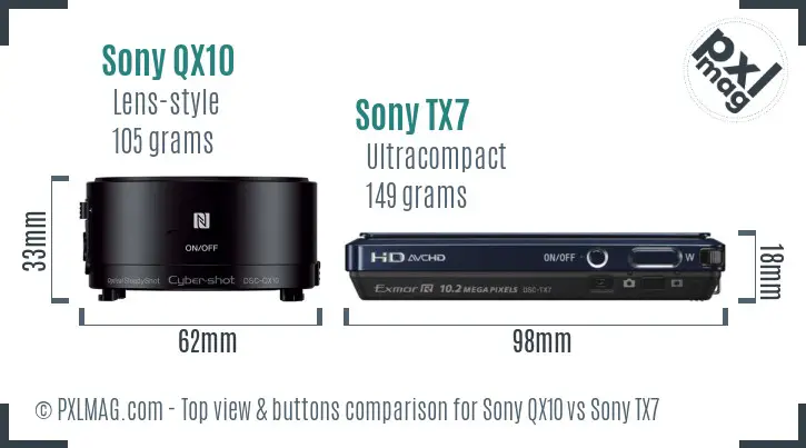 Sony QX10 vs Sony TX7 top view buttons comparison