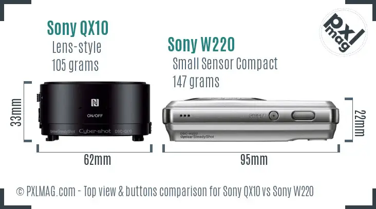 Sony QX10 vs Sony W220 top view buttons comparison