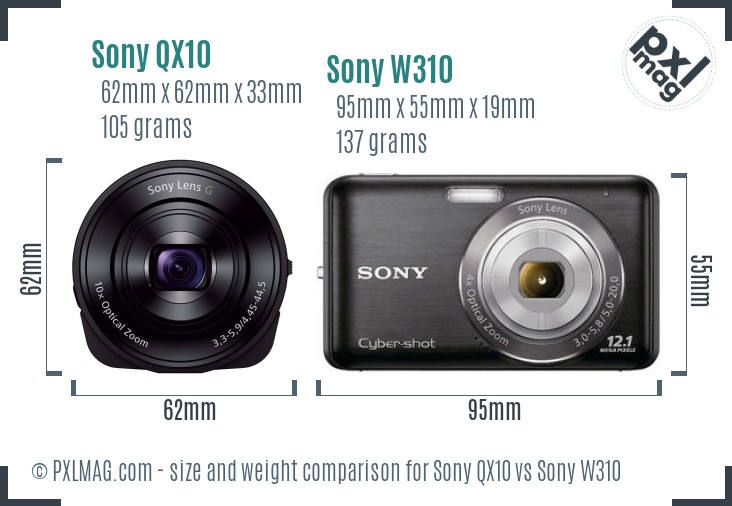 Sony QX10 vs Sony W310 size comparison