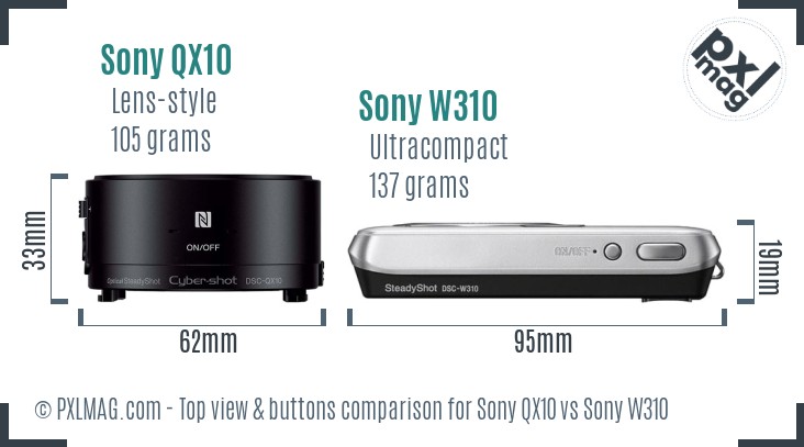 Sony QX10 vs Sony W310 top view buttons comparison