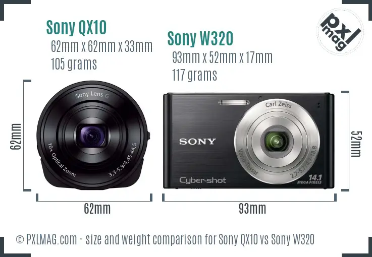Sony QX10 vs Sony W320 size comparison