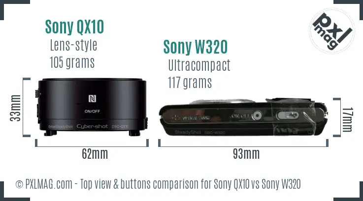 Sony QX10 vs Sony W320 top view buttons comparison