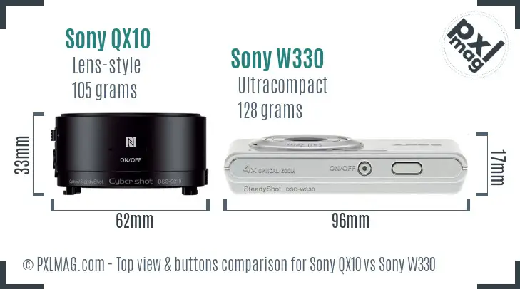 Sony QX10 vs Sony W330 top view buttons comparison
