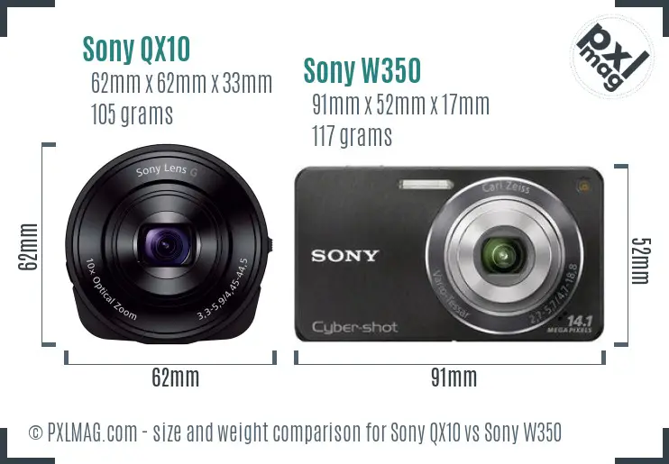 Sony QX10 vs Sony W350 size comparison