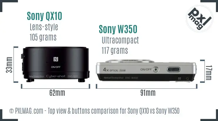 Sony QX10 vs Sony W350 top view buttons comparison