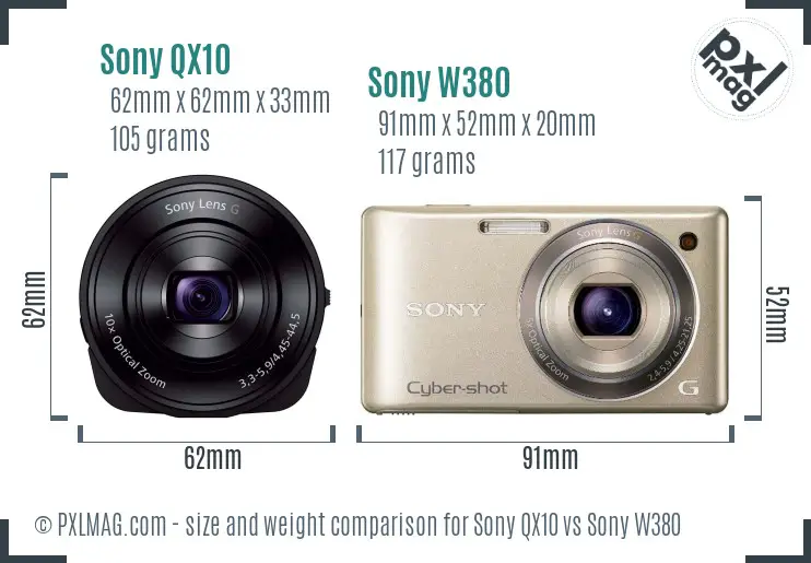 Sony QX10 vs Sony W380 size comparison