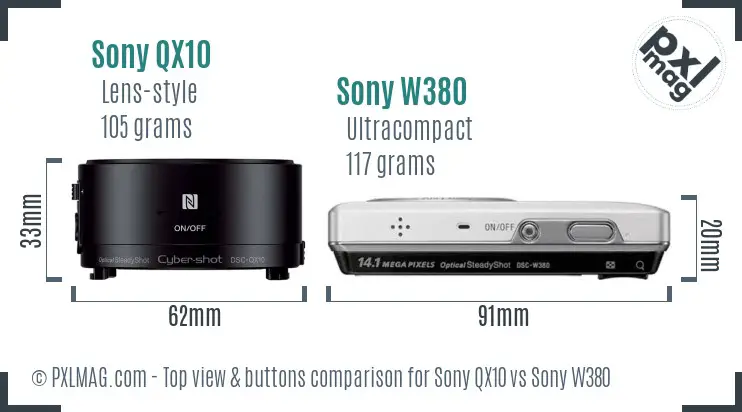 Sony QX10 vs Sony W380 top view buttons comparison