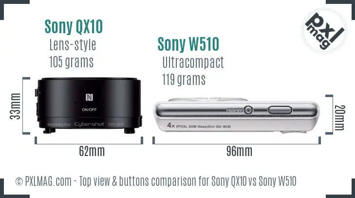 Sony QX10 vs Sony W510 top view buttons comparison