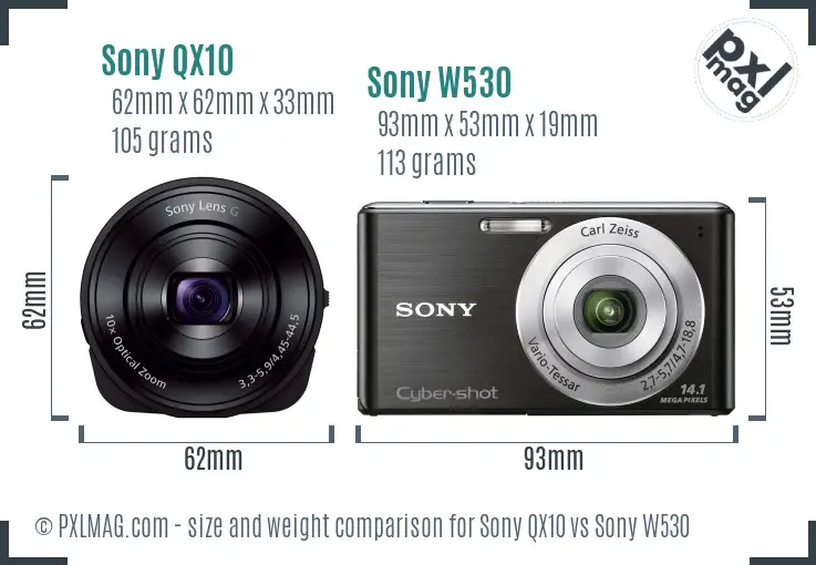 Sony QX10 vs Sony W530 size comparison