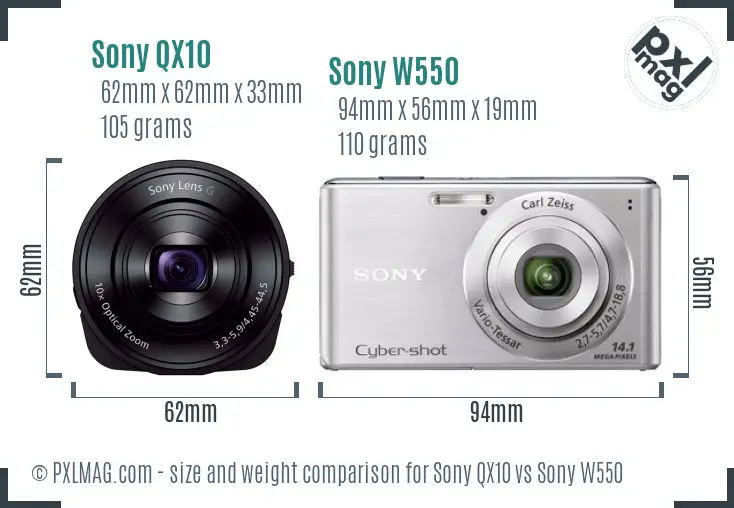Sony QX10 vs Sony W550 size comparison